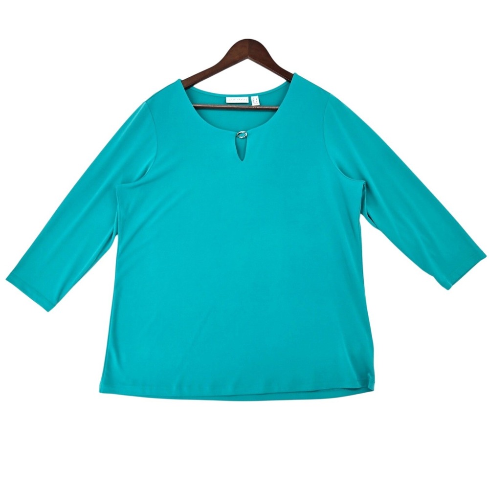Susan Graver Womens LARGE Teal Keyhole‎ 3/4 Sleeve Liquid Knit Top Stretchy